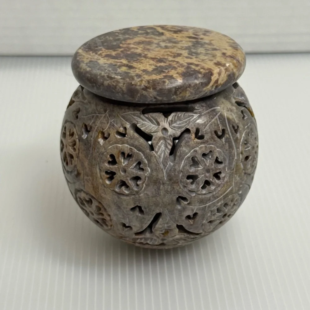 Hand Carved Soap Stone Tea light/Incense holder Orb/Sphere‎ with Base Tribal